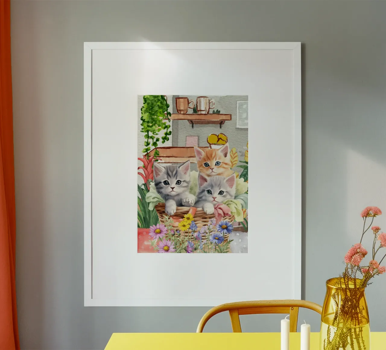 Gattini acquerellati in cesto con fiori poster con telaio in alluminio da Berwies Artwork