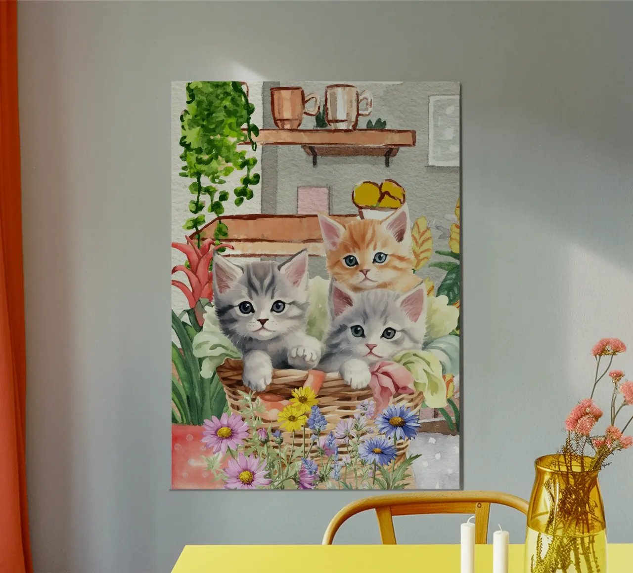 Gattini acquerellati in cesto con fiori poster con telaio in alluminio da Berwies Artwork