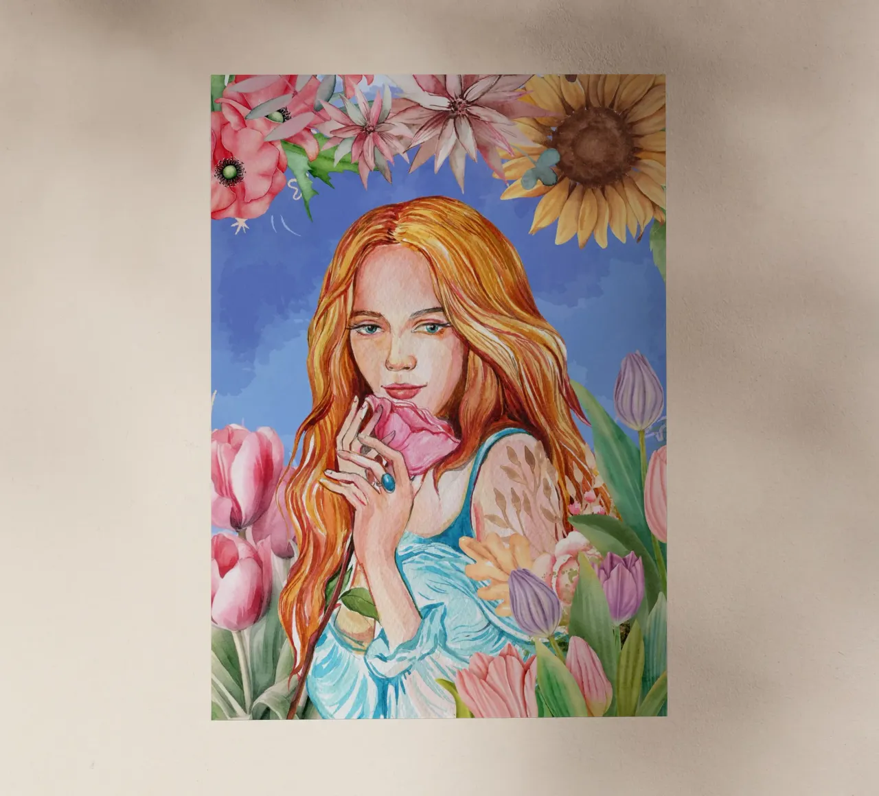 Ritratto di donna ad acquerello con cornice floreale pellicola backlit da Berwies Artwork