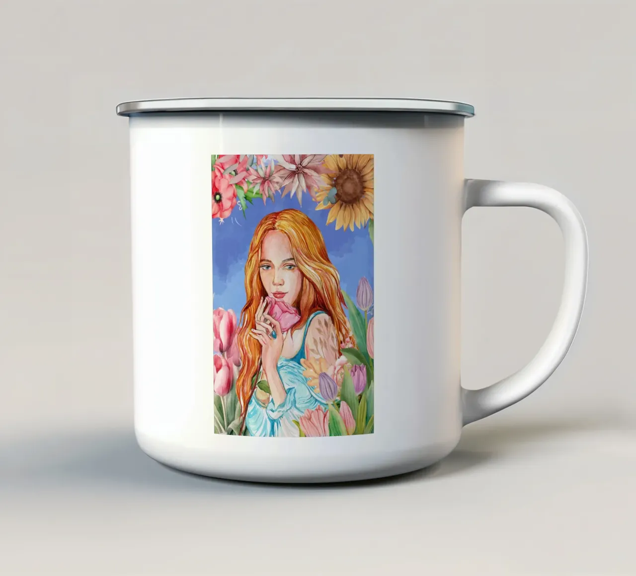 Ritratto di donna ad acquerello con cornice floreale tazza in smalto da Berwies Artwork