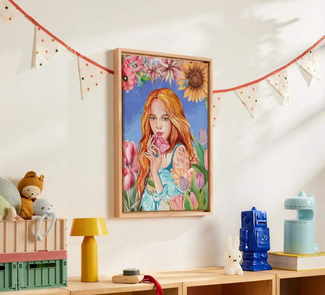 Ritratto di donna ad acquerello con cornice floreale tela con Cornice a cassetta da Berwies Artwork