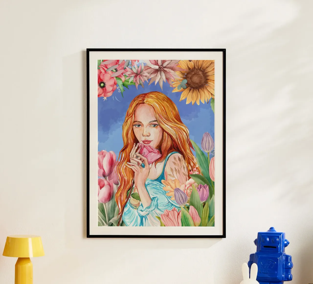 Ritratto di donna ad acquerello con cornice floreale poster con telaio in alluminio da Berwies Artwork