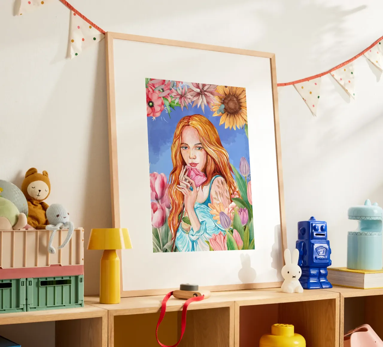 Ritratto di donna ad acquerello con cornice floreale poster con telaio in alluminio da Berwies Artwork