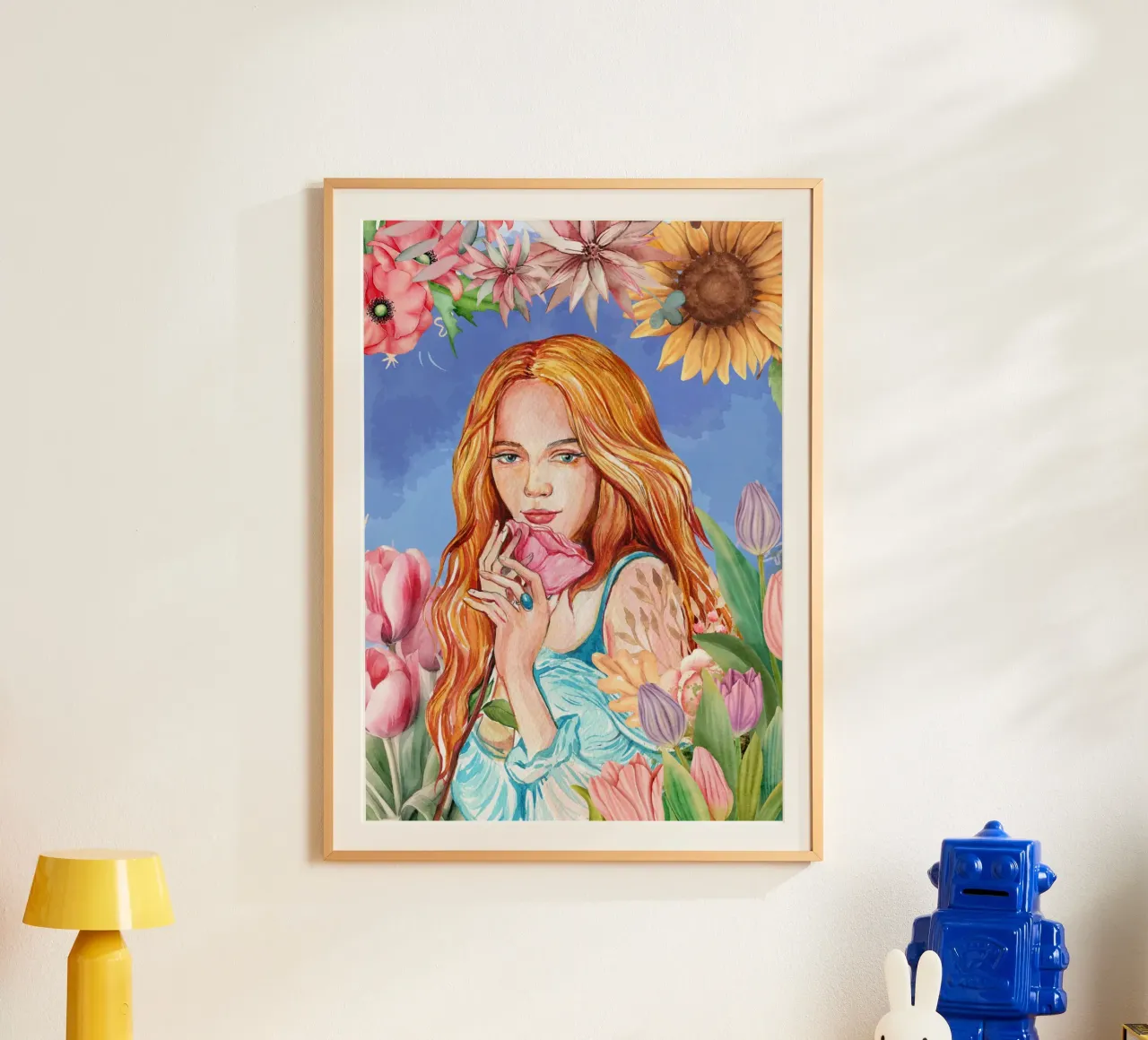 Ritratto di donna ad acquerello con cornice floreale poster con telaio in alluminio da Berwies Artwork