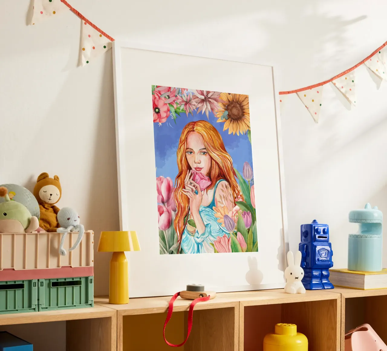 Ritratto di donna ad acquerello con cornice floreale poster con telaio in alluminio da Berwies Artwork