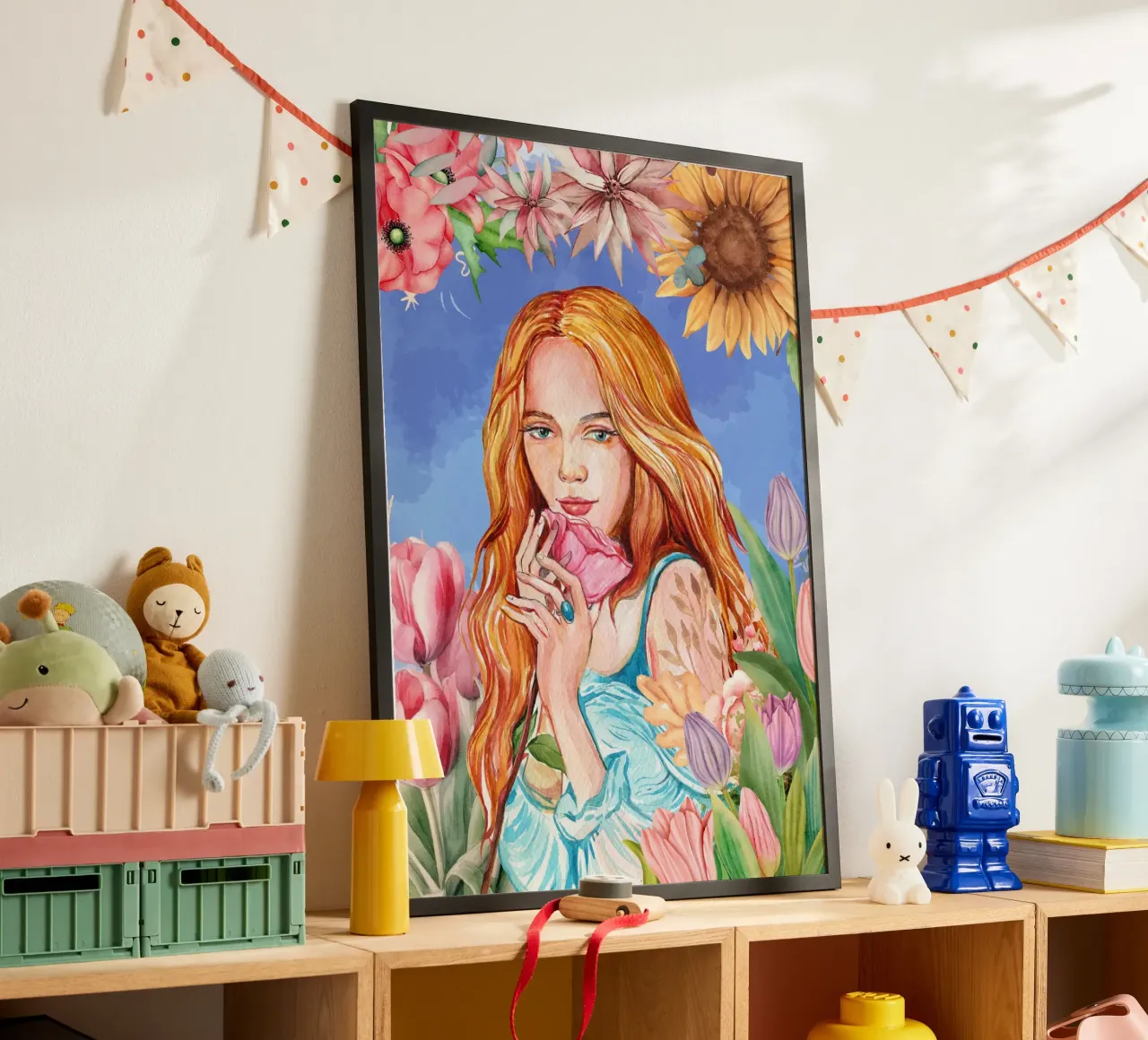 Ritratto di donna ad acquerello con cornice floreale poster con telaio in alluminio da Berwies Artwork