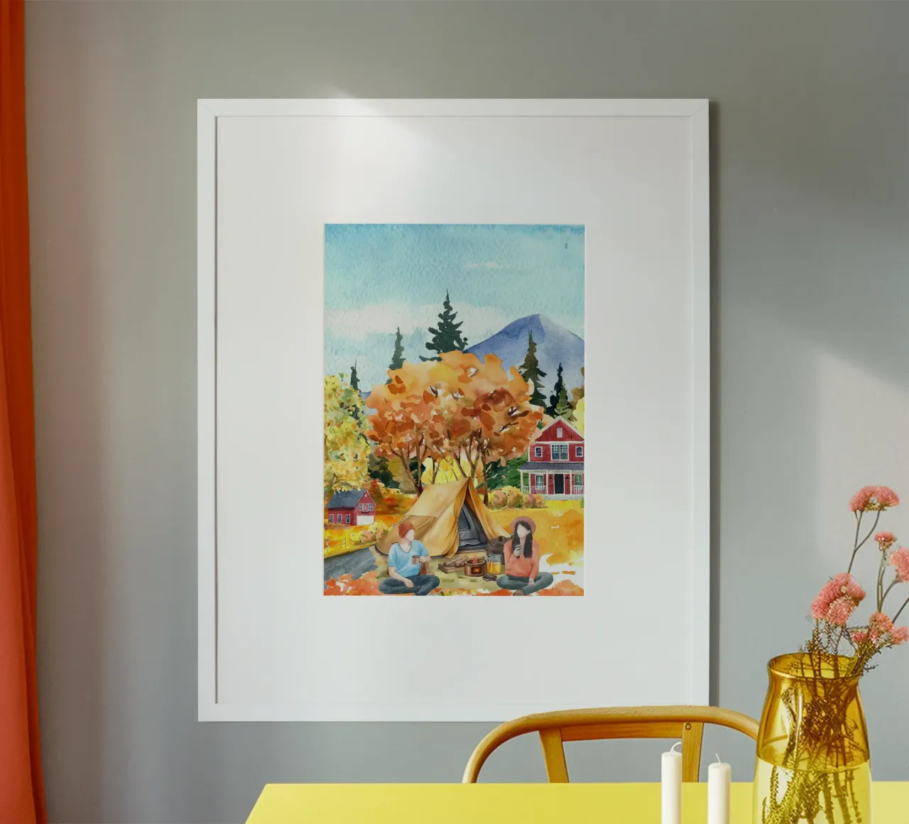 Pittura ad acquerello del campeggio autunnale poster con telaio in alluminio da Berwies Artwork