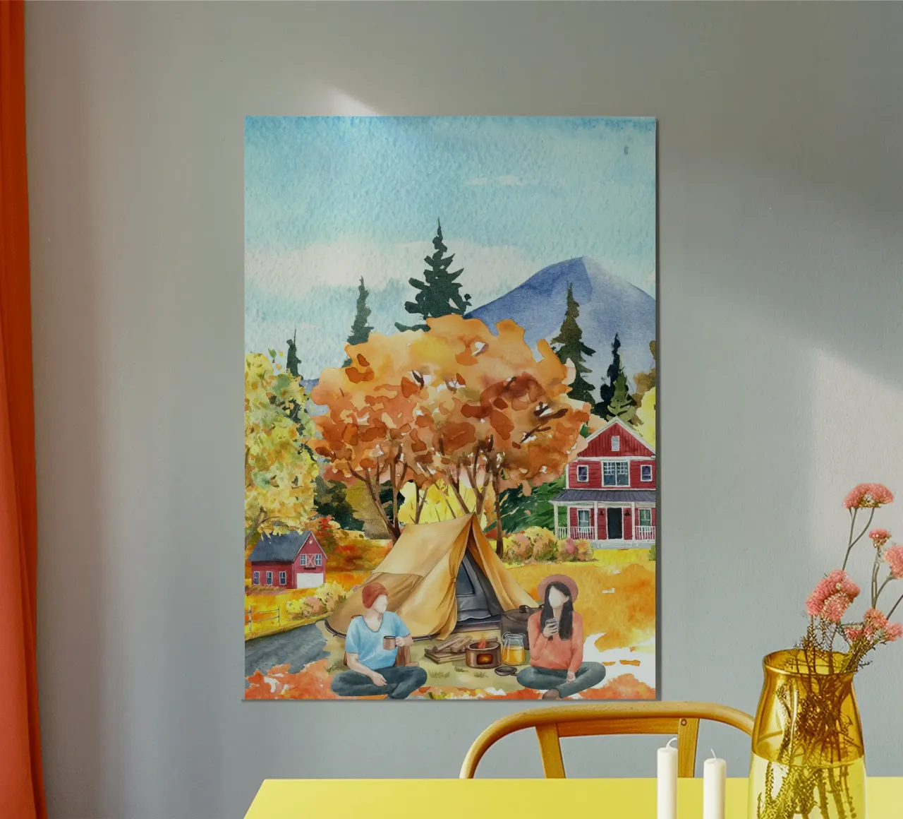 Pittura ad acquerello del campeggio autunnale poster con telaio in alluminio da Berwies Artwork