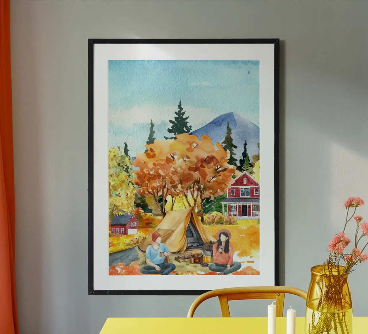 Pittura ad acquerello del campeggio autunnale poster con telaio in alluminio da Berwies Artwork