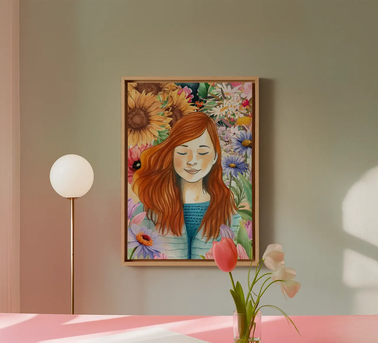Eine junge Frau in Blumenaquarell Leinwand mit Schattenfugenrahmen von Berwies Artwork
