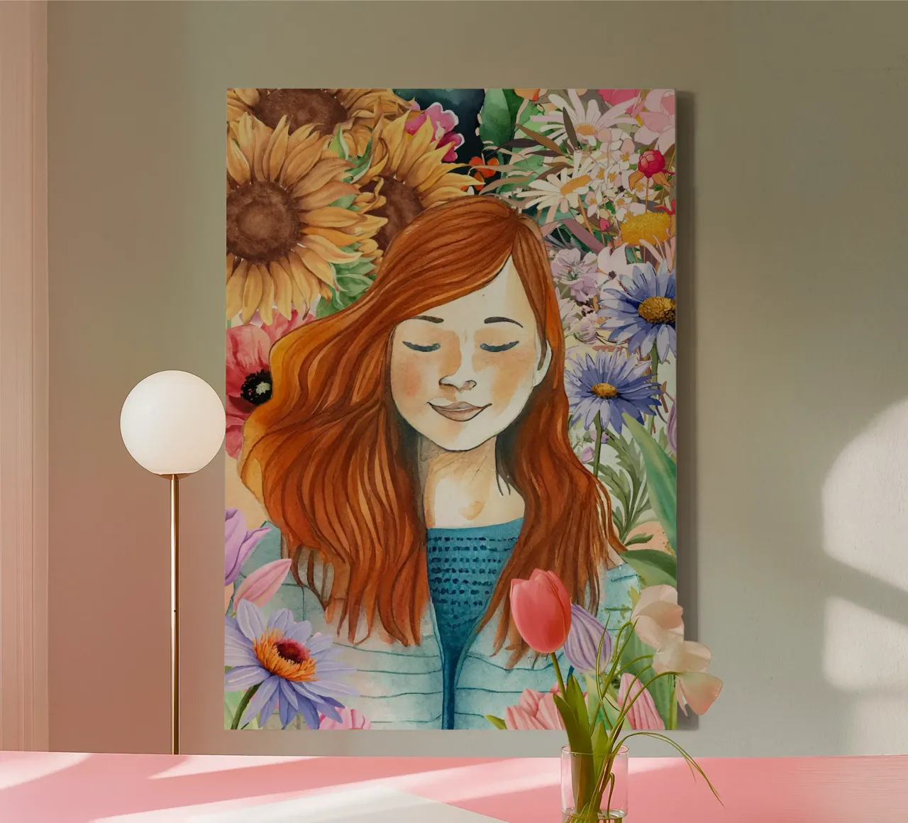Eine junge Frau in Blumenaquarell Leinwand mit Schattenfugenrahmen von Berwies Artwork