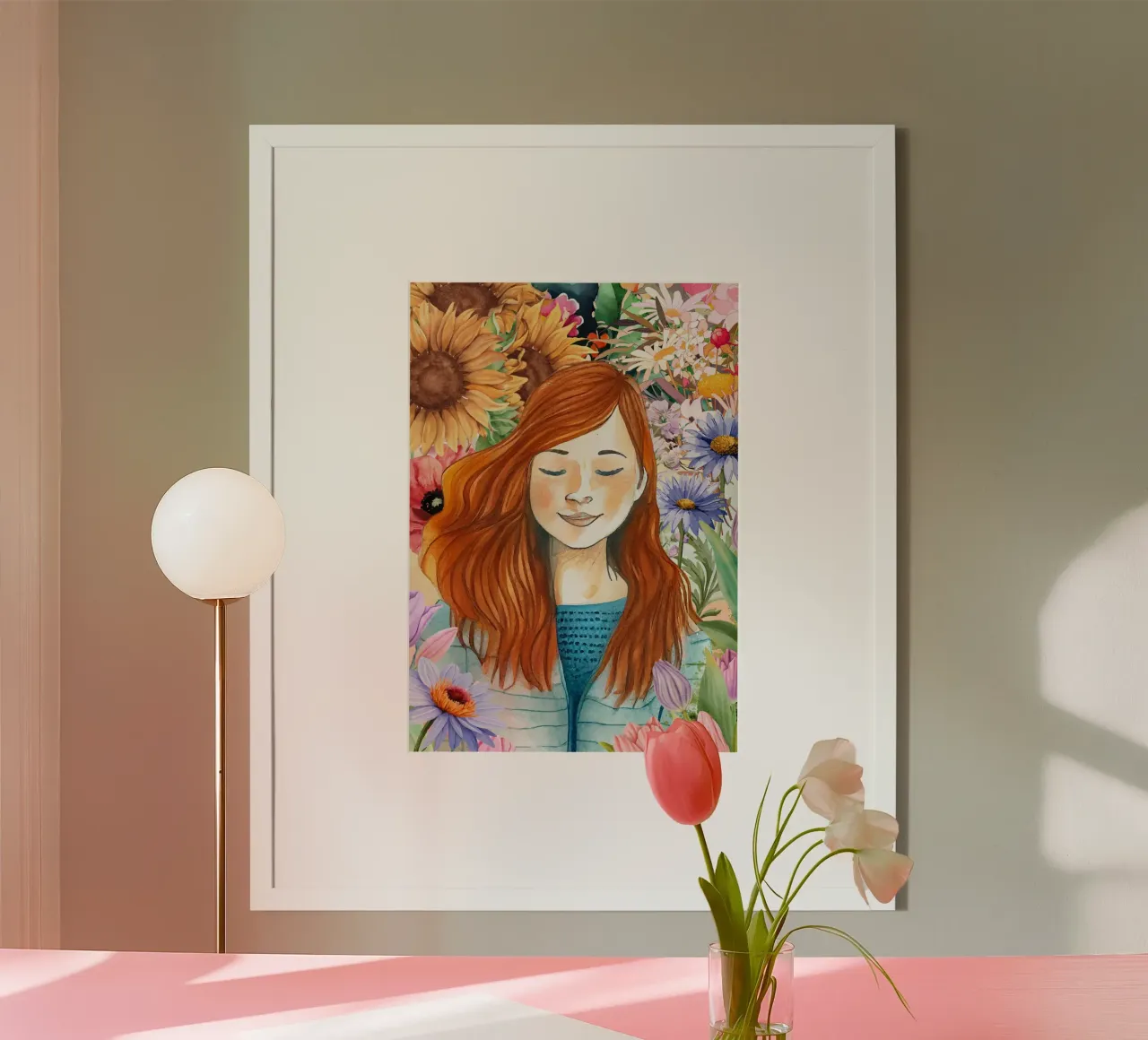 Una giovane donna in acquerello floreale poster con telaio in alluminio da Berwies Artwork