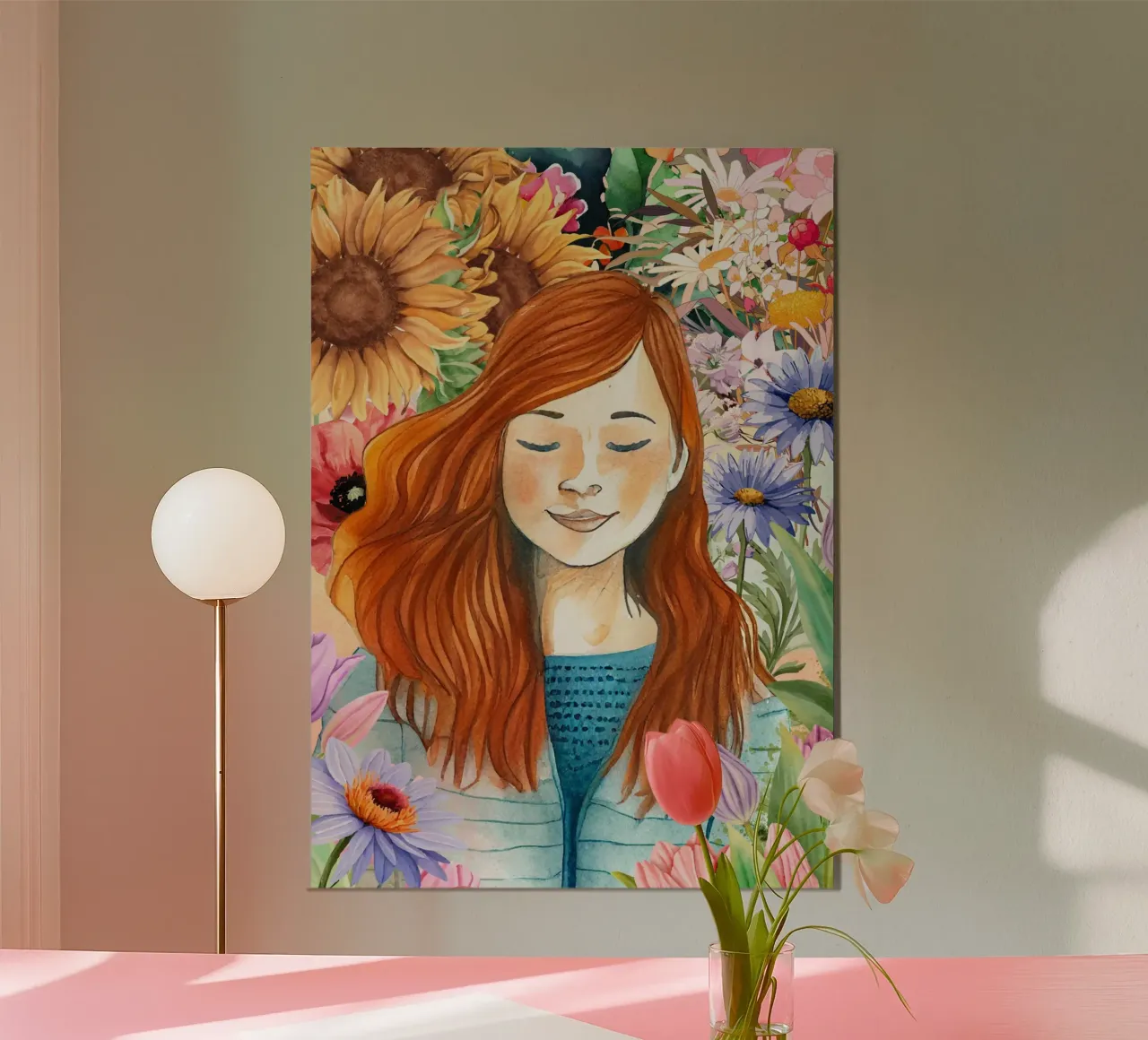 Una giovane donna in acquerello floreale poster con telaio in alluminio da Berwies Artwork