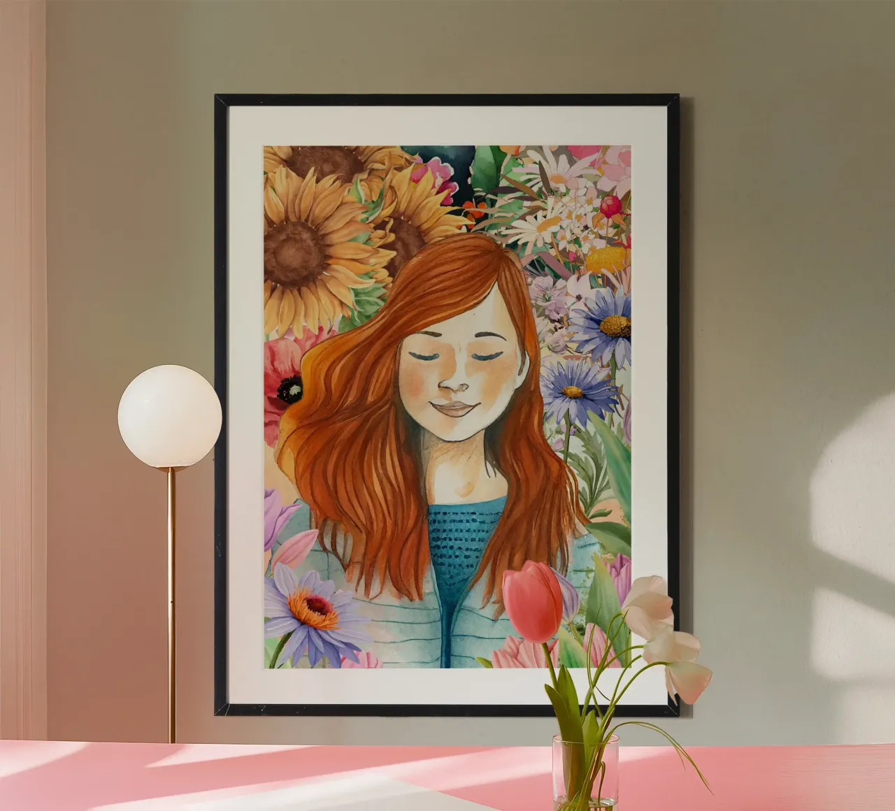 Una giovane donna in acquerello floreale poster con telaio in alluminio da Berwies Artwork