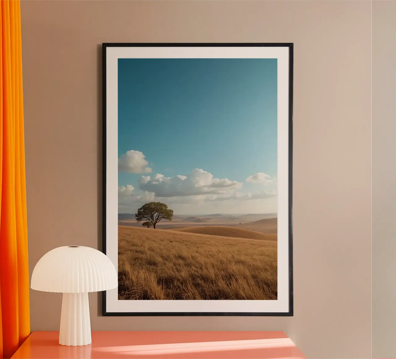 Grass Field with Tree under Cloudy Blue Sky poster by DesignDoodle