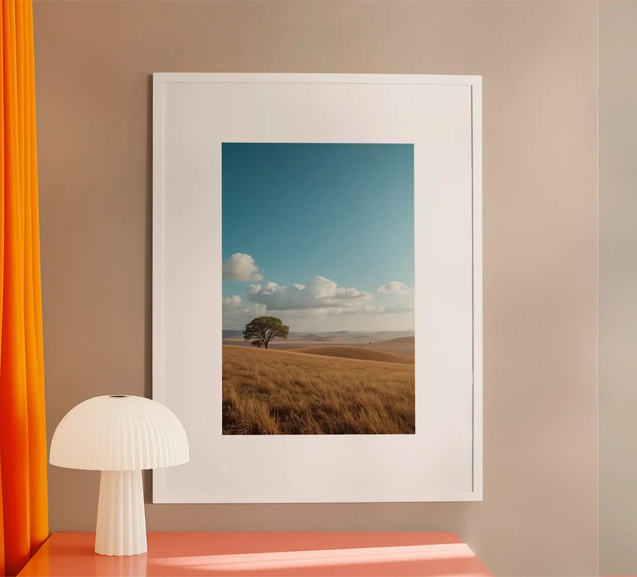 Grass Field with Tree under Cloudy Blue Sky poster by DesignDoodle