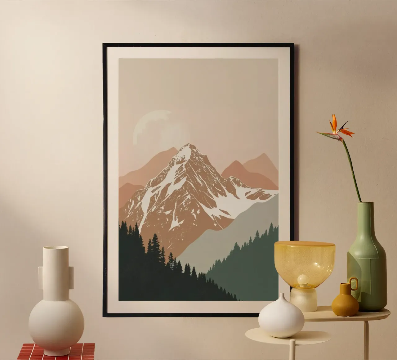 Paesaggio montano con luna e foresta poster con telaio in plastica da DesignDoodle
