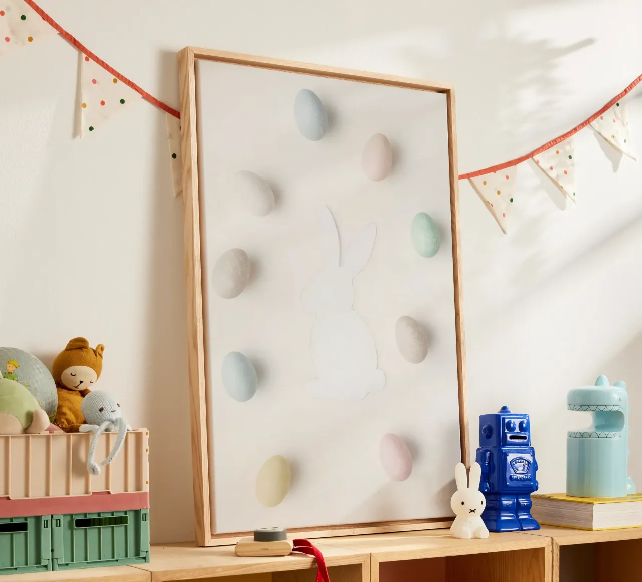 Paaseieren en konijnensilhouet op witte achtergrond canvas met Baklijst van DesignDoodle