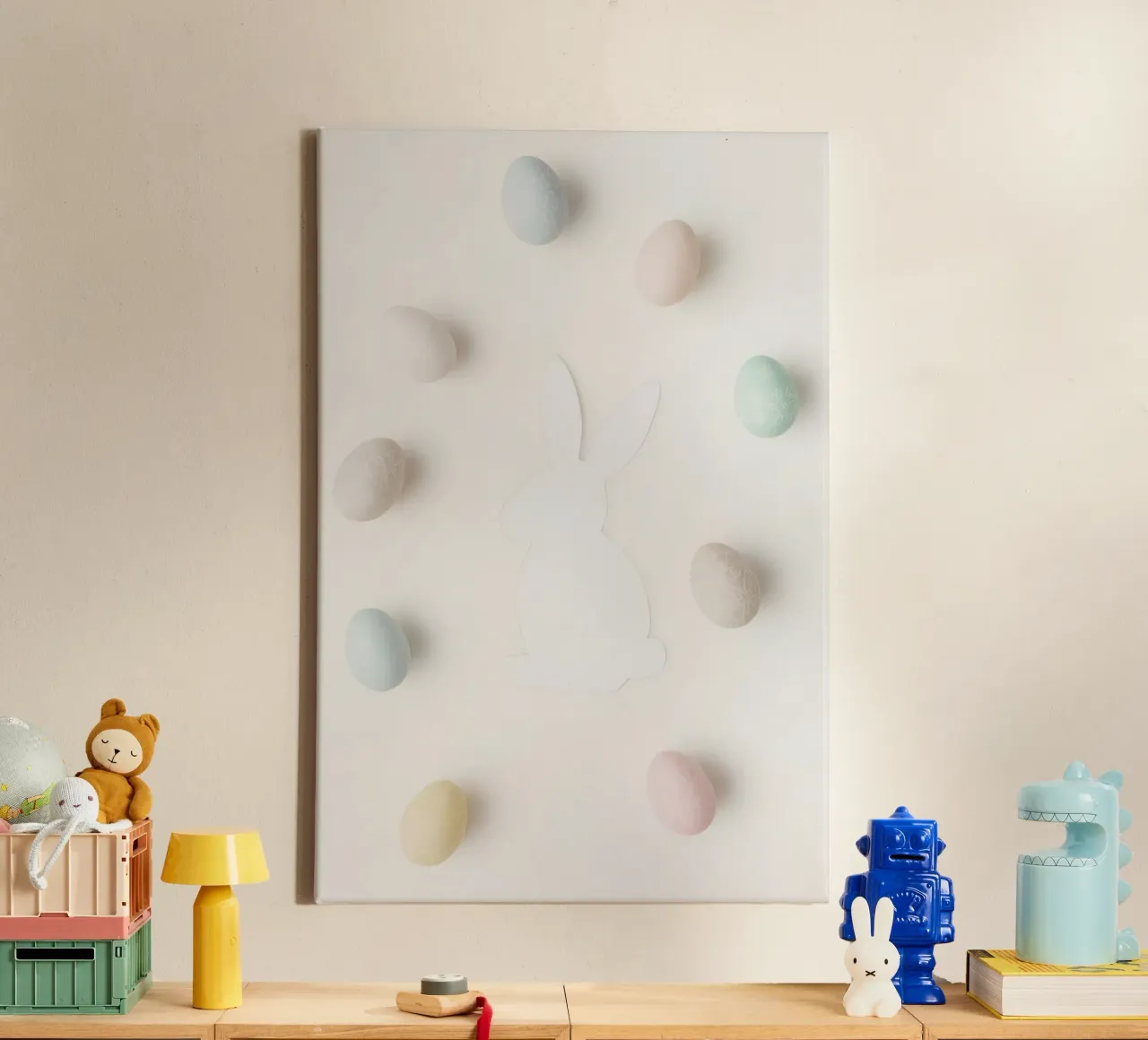 Paaseieren en konijnensilhouet op witte achtergrond canvas met Baklijst van DesignDoodle