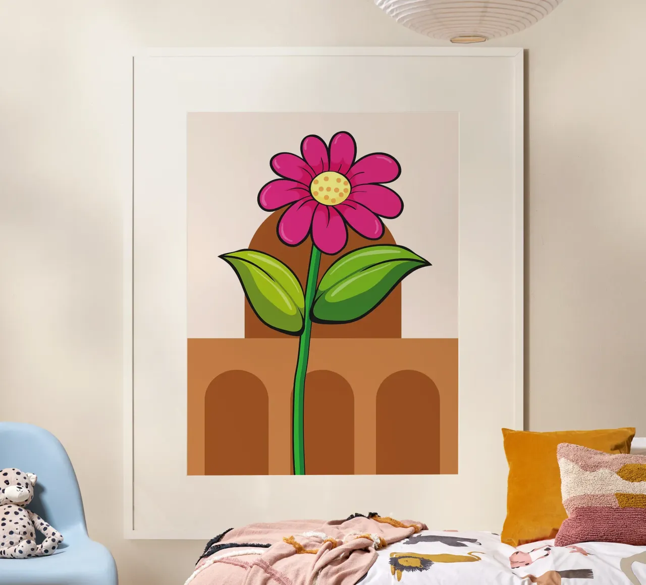 Fiore di cartone animato con sfondo ad arco poster con telaio in alluminio da Sabine Klein