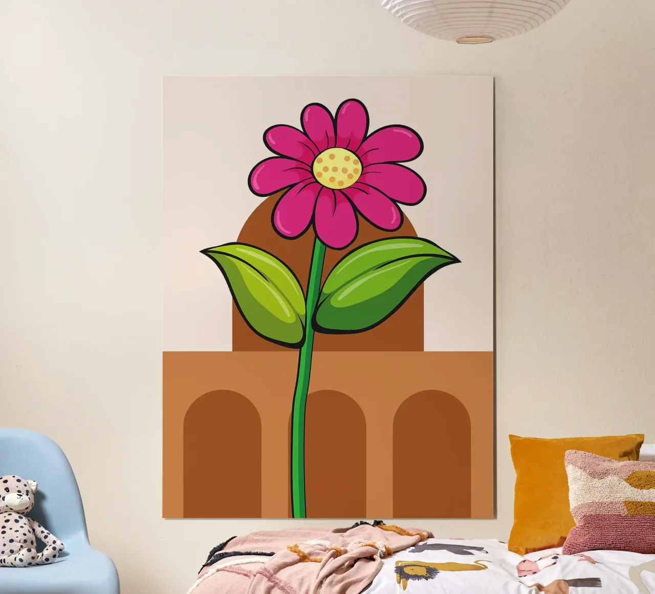 Fiore di cartone animato con sfondo ad arco poster con telaio in alluminio da Sabine Klein