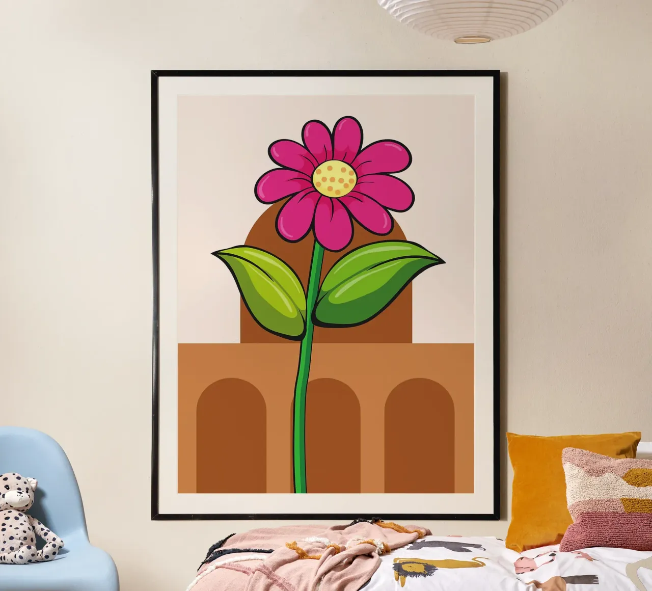 Fiore di cartone animato con sfondo ad arco poster con telaio in alluminio da Sabine Klein