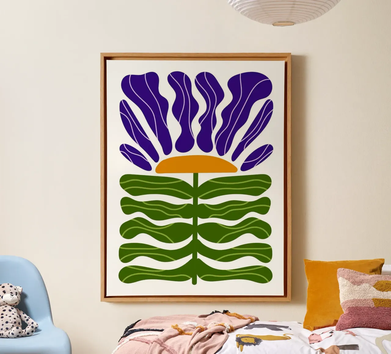 Abstracte paarse en groene bloemillustratie canvas met Baklijst van Sabine Klein