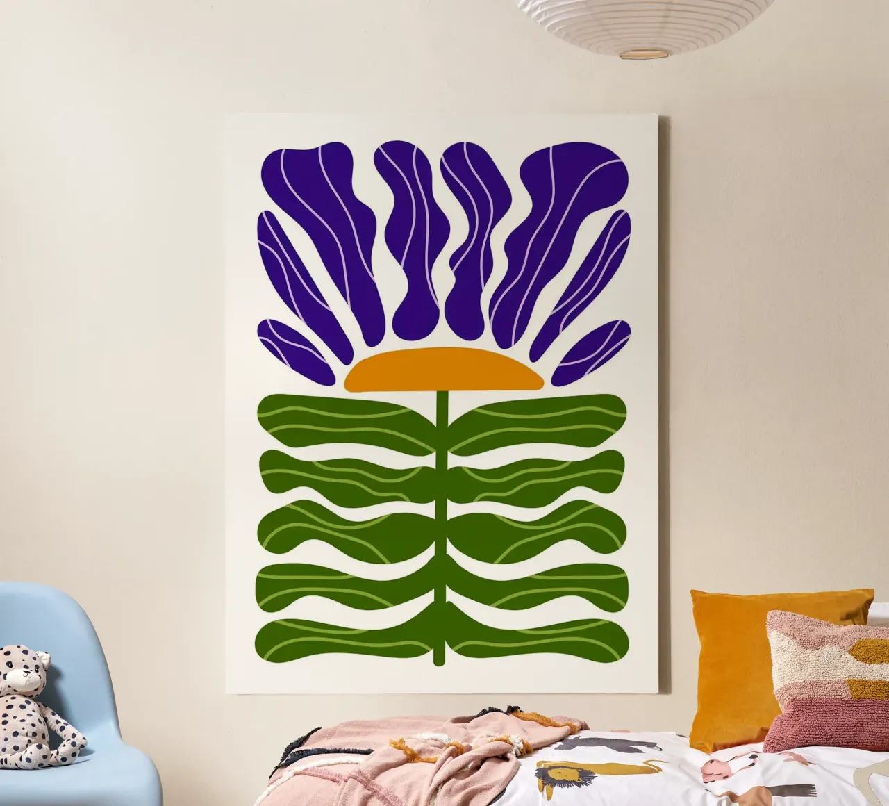 Abstracte paarse en groene bloemillustratie canvas met Baklijst van Sabine Klein