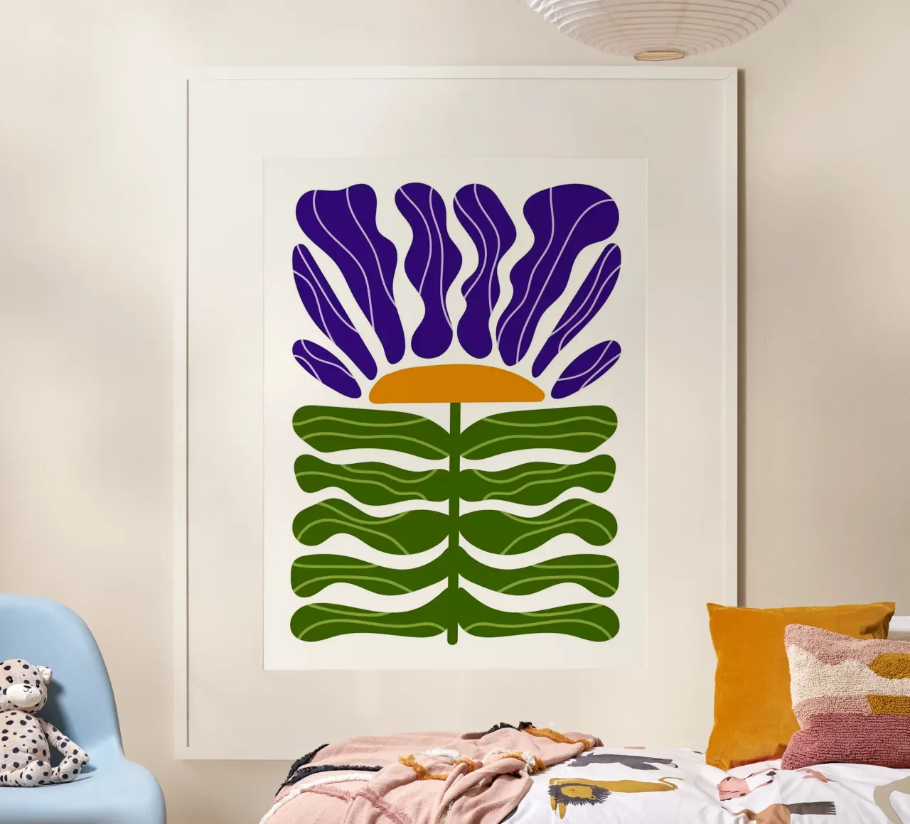 Illustrazione astratta di fiori viola e verdi poster con telaio in alluminio da Sabine Klein
