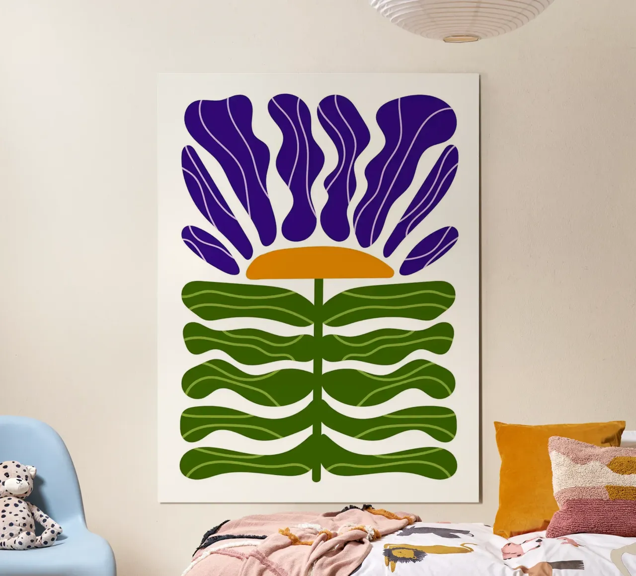 Illustrazione astratta di fiori viola e verdi poster con telaio in alluminio da Sabine Klein