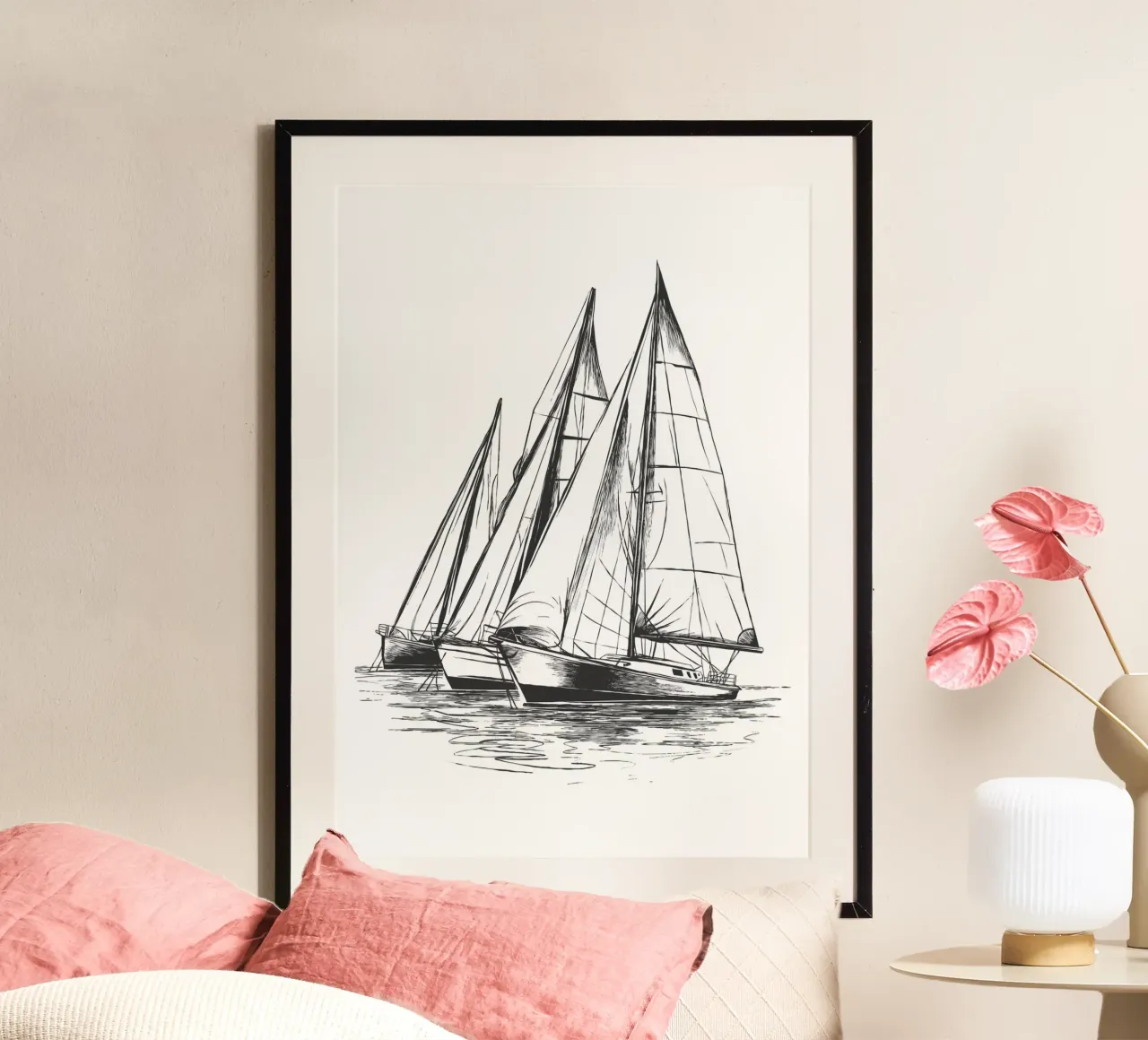 Sailing regatta in sketch form poster with wooden frame by pixelbull - medieval art and more
