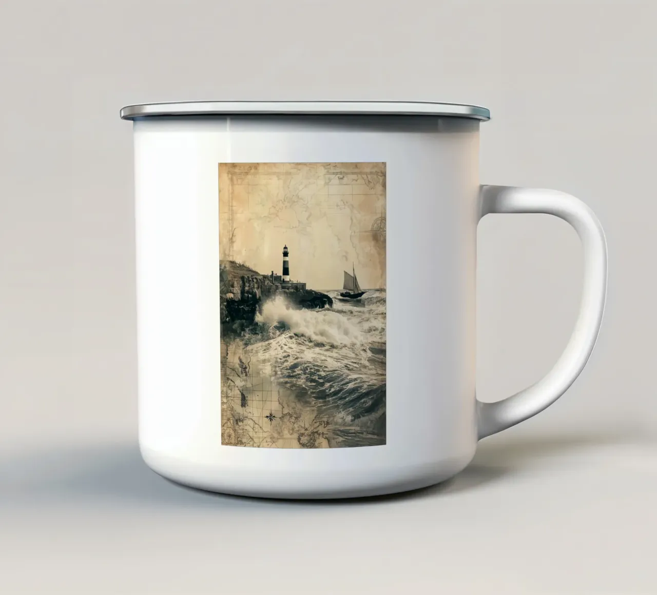 Vigilanza sulle tempeste al vecchio faro tazza in smalto da pixelbull - medieval art and more