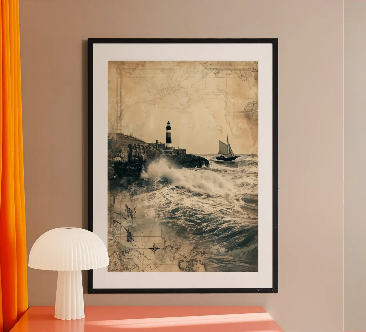 Vigilanza sulle tempeste al vecchio faro poster con telaio in legno da pixelbull - medieval art and more