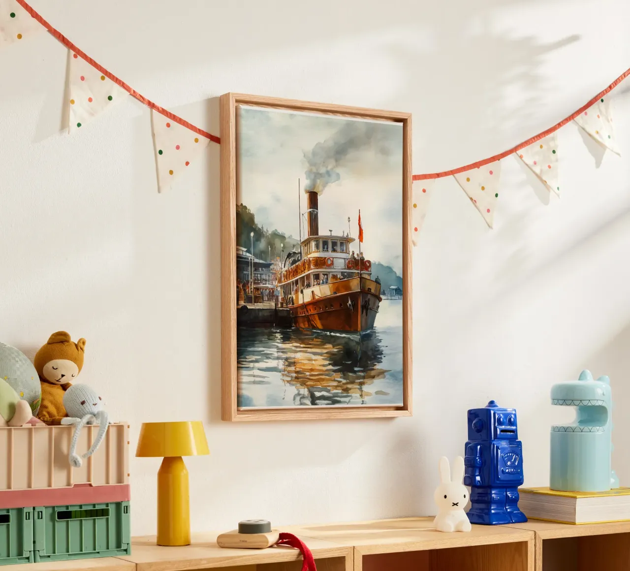 Dampfschiff im Hafenleben Leinwand mit Schattenfugenrahmen von pixelbull - medieval art and more