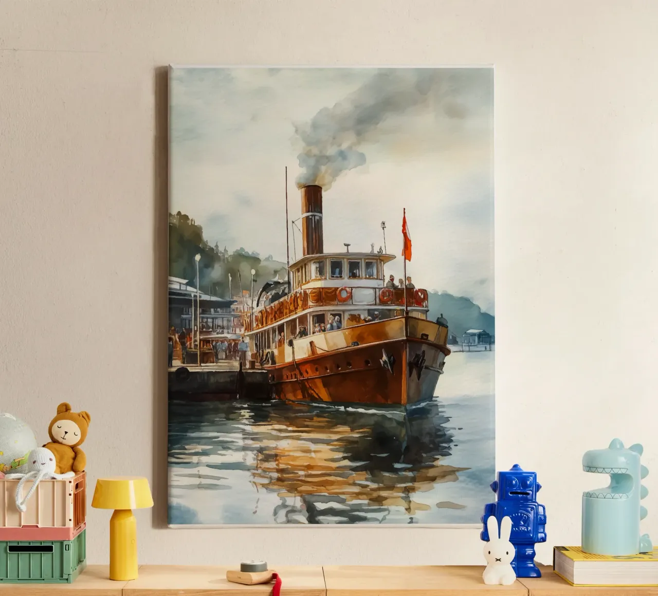Dampfschiff im Hafenleben Leinwand mit Schattenfugenrahmen von pixelbull - medieval art and more