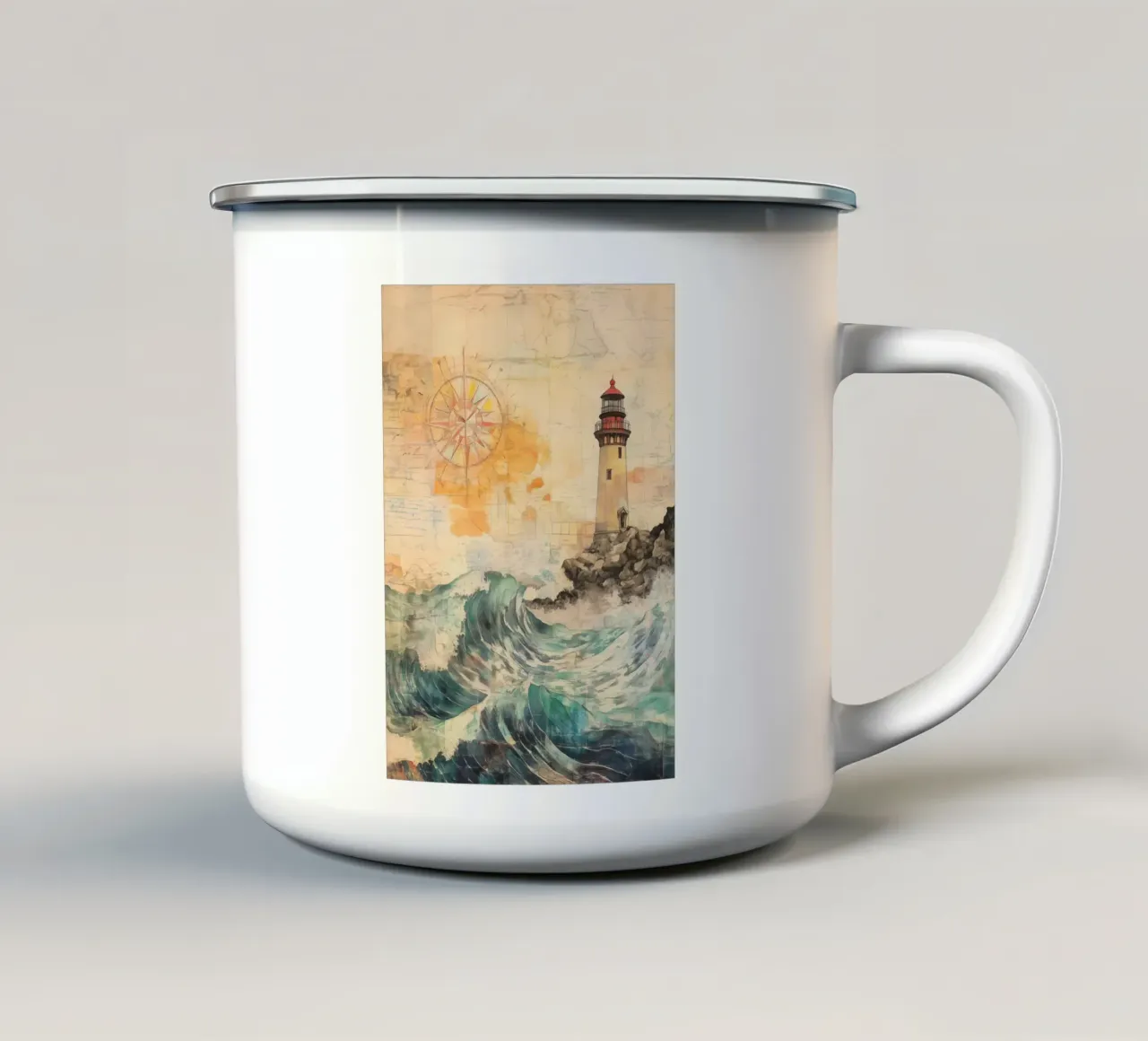 Faro sopra le onde ruggenti tazza in smalto da pixelbull - medieval art and more