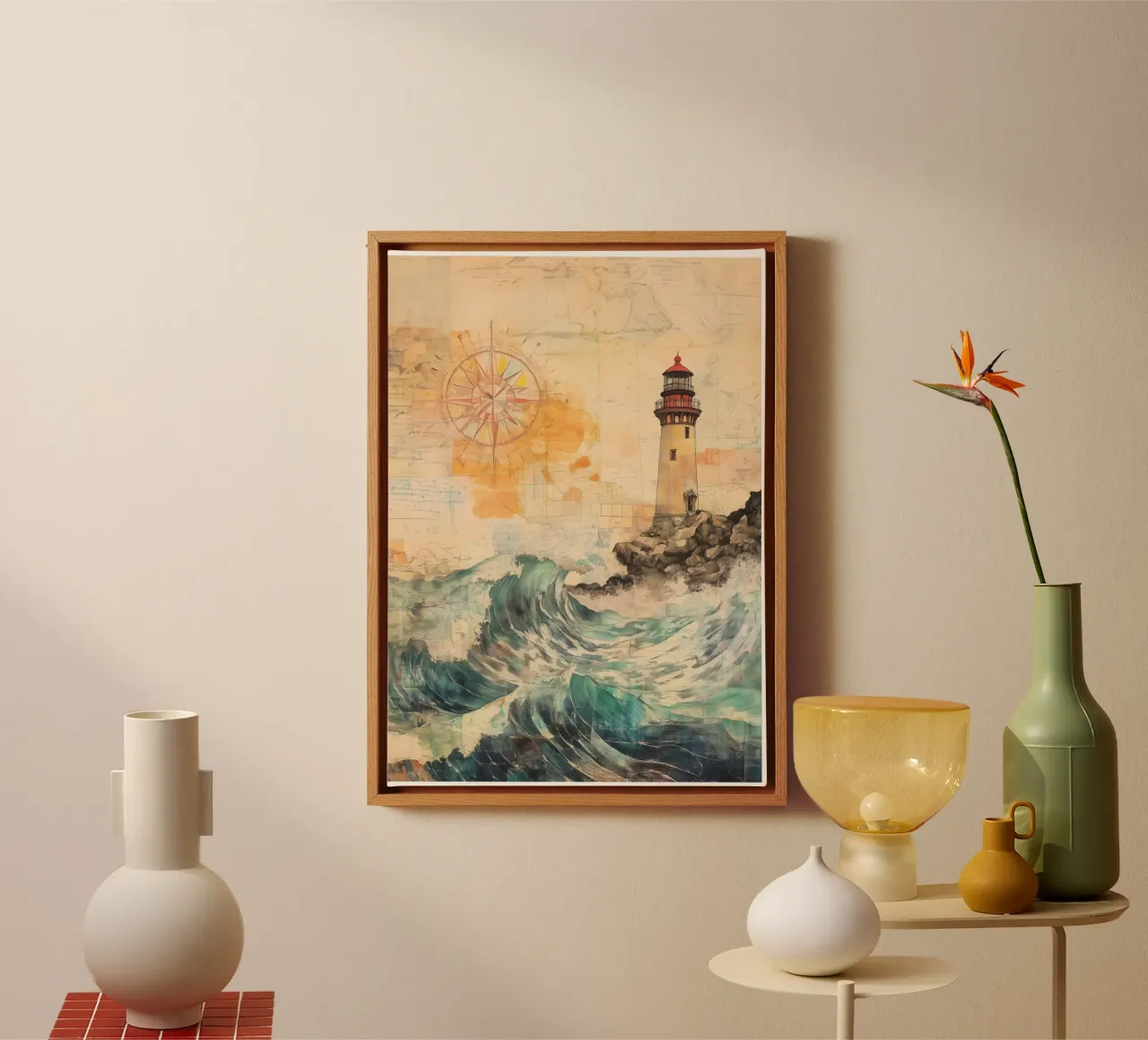 Beacon above roaring waves canvas with Floater frame by pixelbull - medieval art and more