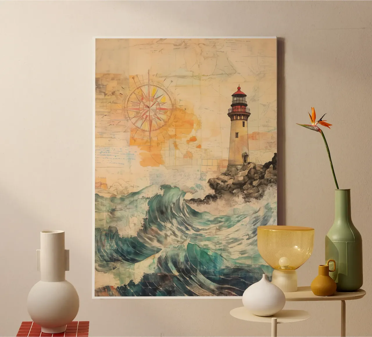 Beacon above roaring waves canvas with Floater frame by pixelbull - medieval art and more
