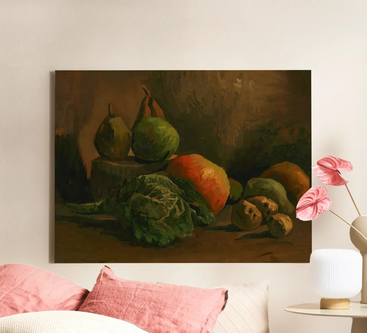 Een stilleven van fruit en groenten, 1884 canvas met Baklijst van Christopher Soto