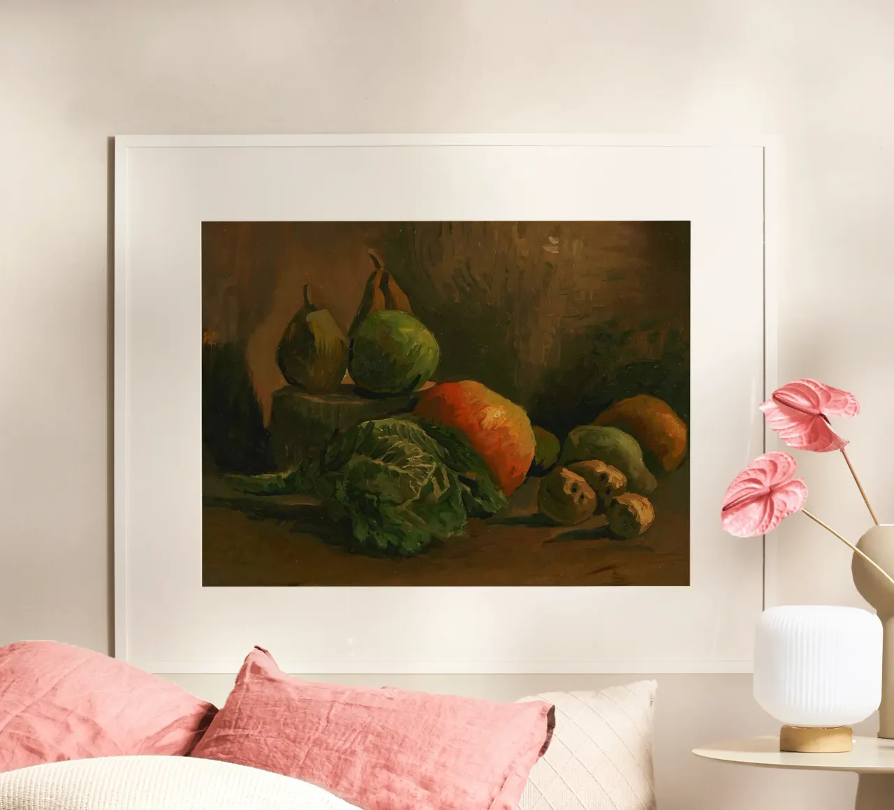 Natura morta di frutta e verdura, 1884 poster con telaio in legno da Christopher Soto