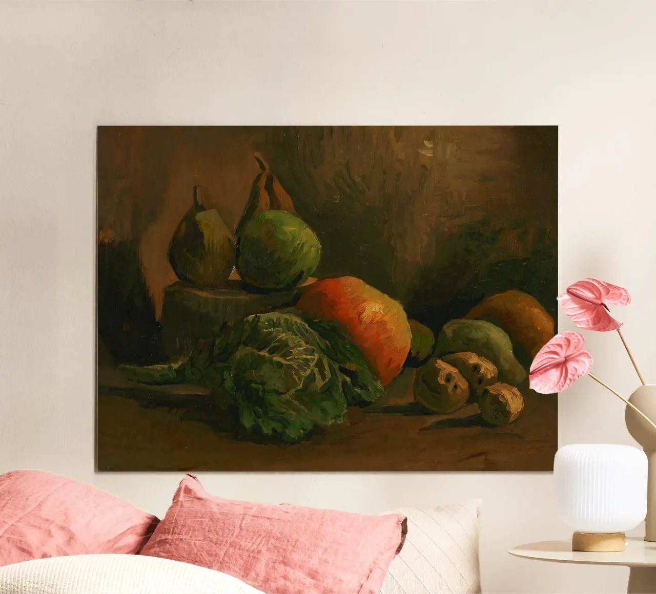 Natura morta di frutta e verdura, 1884 poster con telaio in legno da Christopher Soto