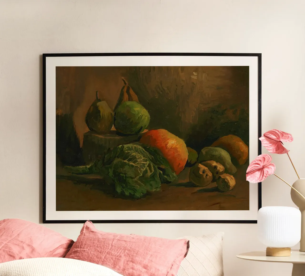 Natura morta di frutta e verdura, 1884 poster con telaio in legno da Christopher Soto
