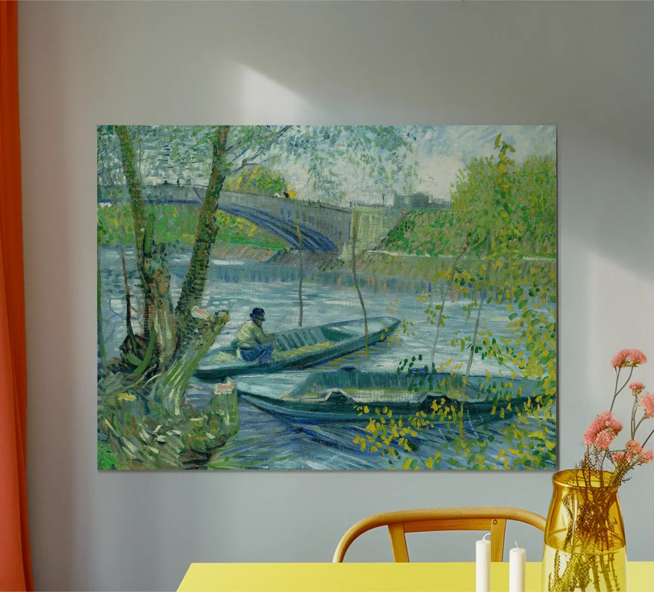 Pescatore e barca sul Pont de Clichy poster con telaio in legno da Christopher Soto