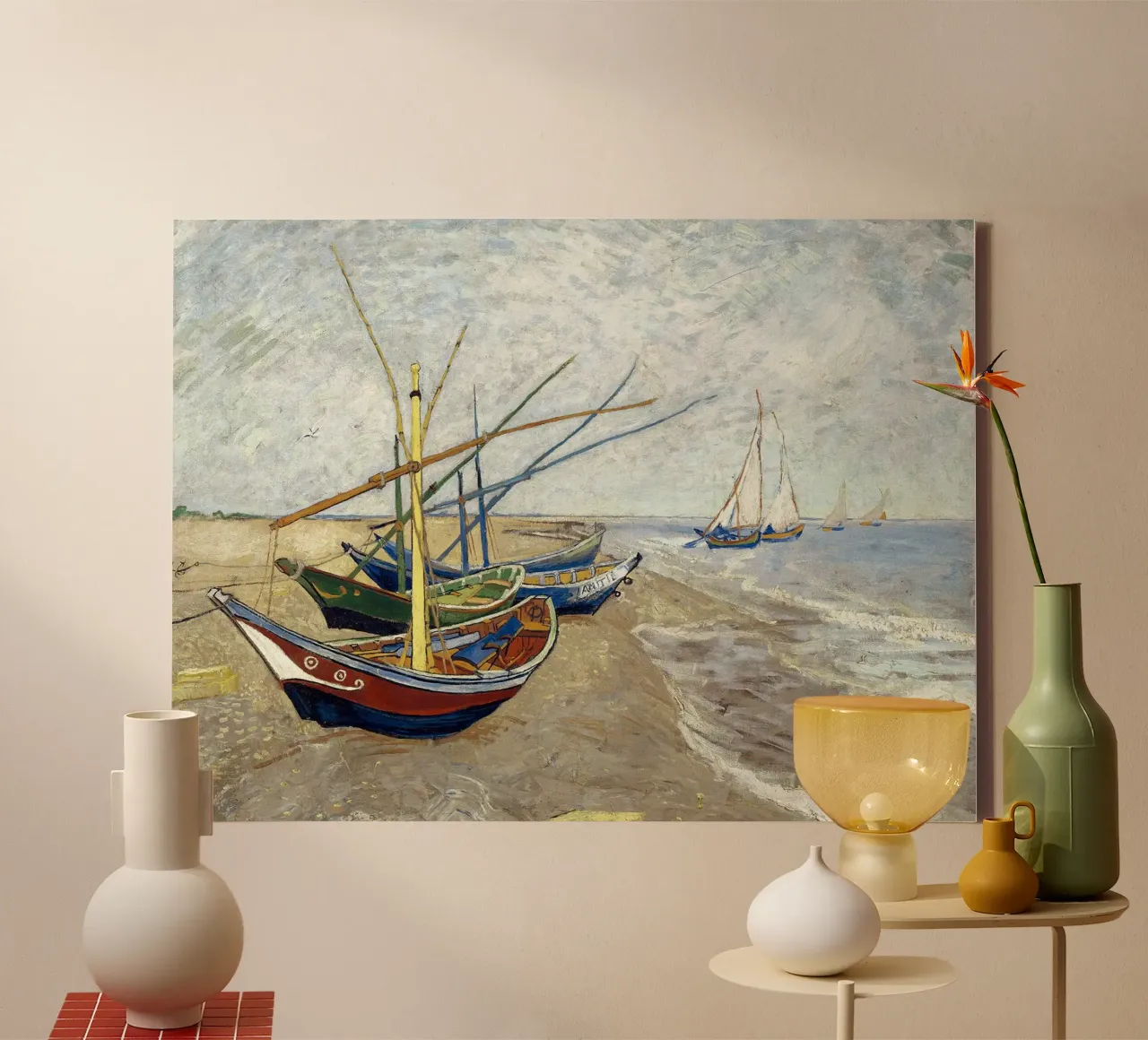 Vissersboten op het strand, Saintes Marie de la Mer canvas met Baklijst van Christopher Soto