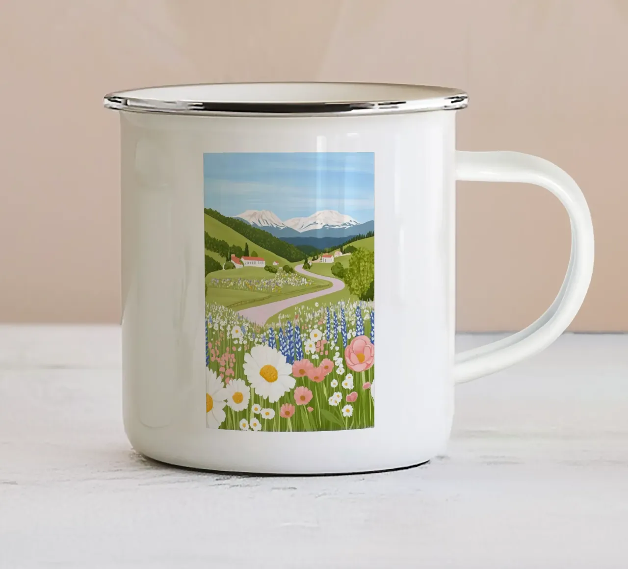 peaceful scenery with flowers and wind tazza in smalto da carsa