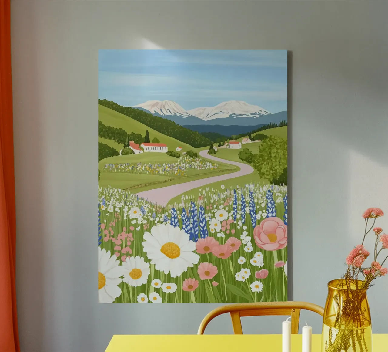 peaceful scenery with flowers and wind canvas met Baklijst van carsa