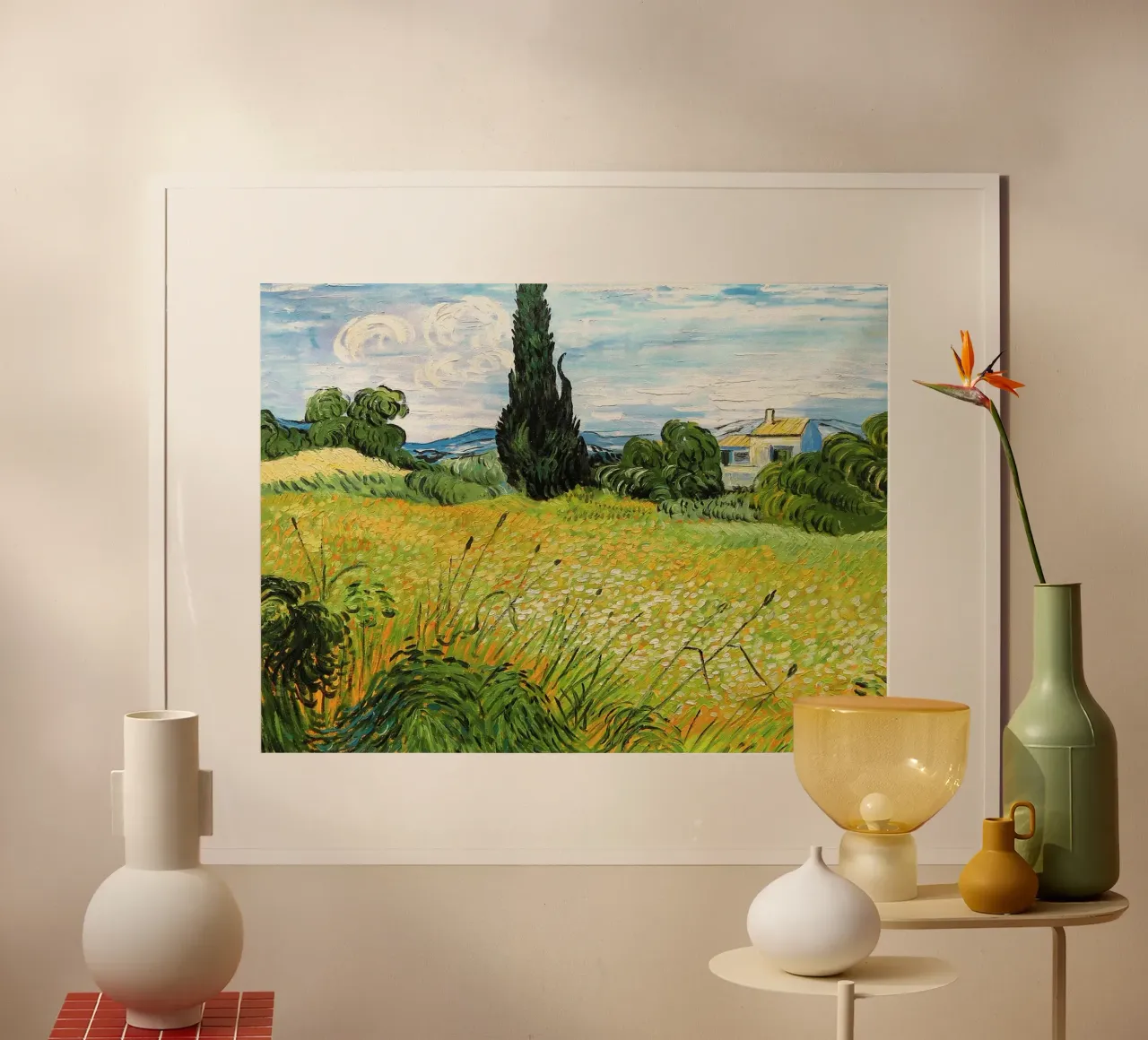 Paesaggio con mais verde poster con telaio in alluminio da Christopher Soto