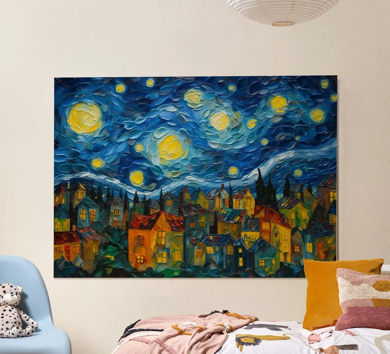 Notte stellata sulla città di Michael artefatti poster con telaio in alluminio da Christopher Soto