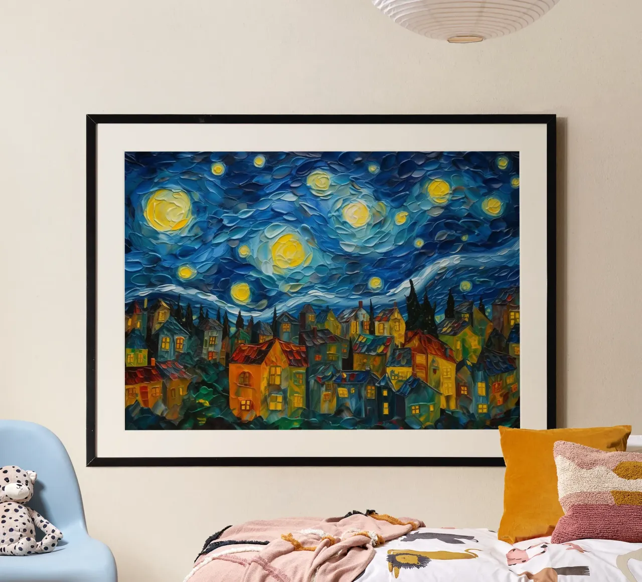 Notte stellata sulla città di Michael artefatti poster con telaio in alluminio da Christopher Soto