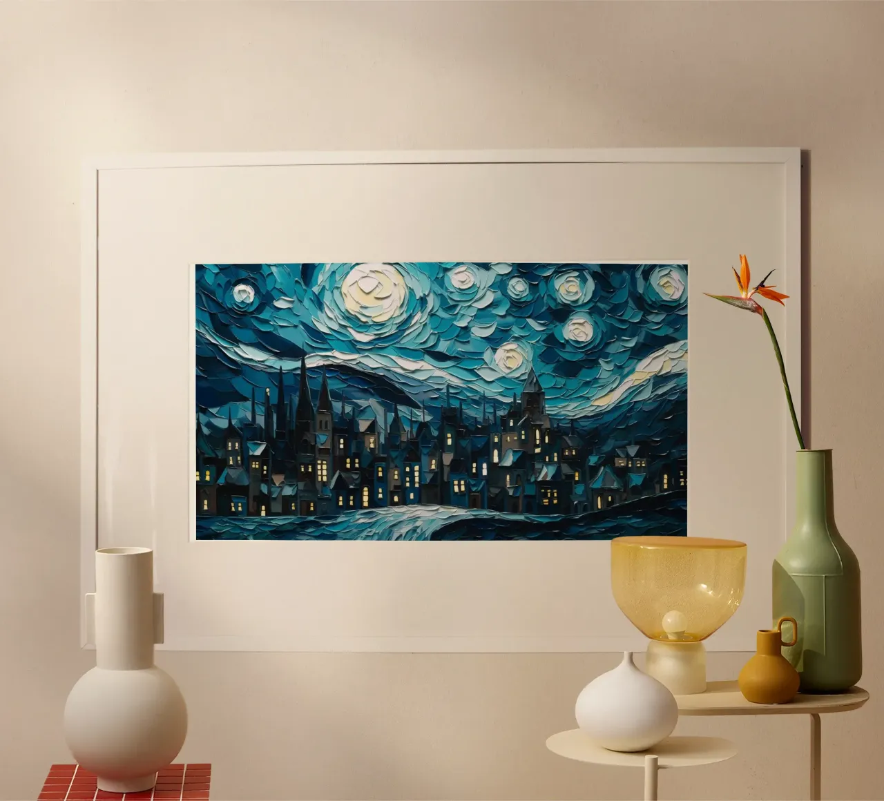 Notte stellata sulla città poster con telaio in alluminio da Christopher Soto